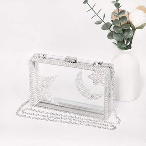 Neiman Marcus Silver Acrylic Moon and Star Rhinestone Chain Bag - Picture 2 of 5